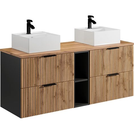 Meuble de salle de bain suspendu strié avec niches et double vasque à poser carrée - Naturel clair - L140 cm - MADELA