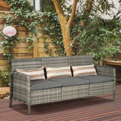 Canapé en rotin avec coussins, 173 x 68 x 78 cm, trois places, canapé salon de jardin, acier, gris (1/4)