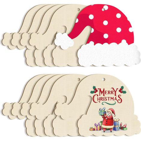 Cappello di Babbo Natale in legno non rifinito (10 pezzi) - Spago di iuta + piatti di legno - Decorazione fai da te / Ornamento da appendere all'albero di Natale / Natale - 10 pezzi (1/5)