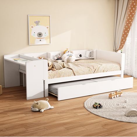 Cama moderna 90x200 cm de pino y MDF blanca con cama extraible, escritorio y 3 estantes (1/5)