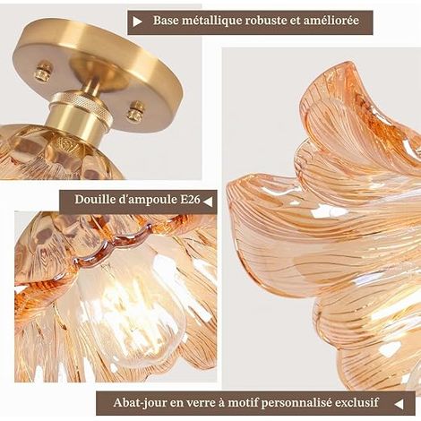 Plafonnier E27 25CM Luminaire Plafonnier Abat-jour Verre Fleurs Lampe plafond Entrée Couloir Salon Salle Chambre Maison Couloir (1/3)