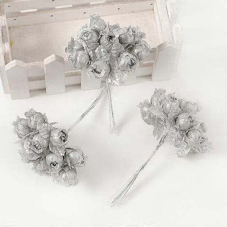Lot de 12 mini roses artificielles en soie, idéales pour la décoration intérieure, les mariages, les couronnes et les cadeaux.72 pièces argent (1/5)