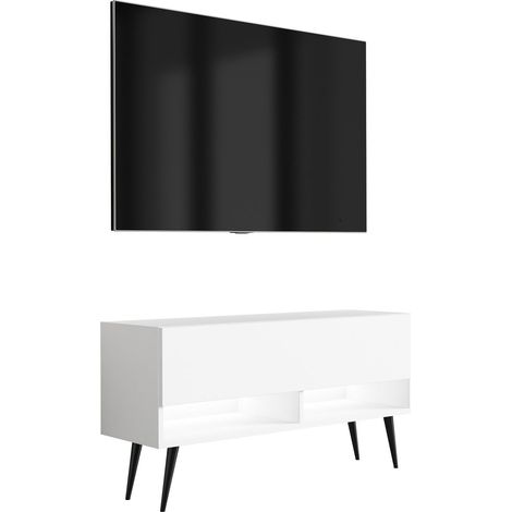 Meuble TV : Blanc Mat, pieds obliques noirs, LED blanche, 100 × 32 × 52 cm (1/5)
