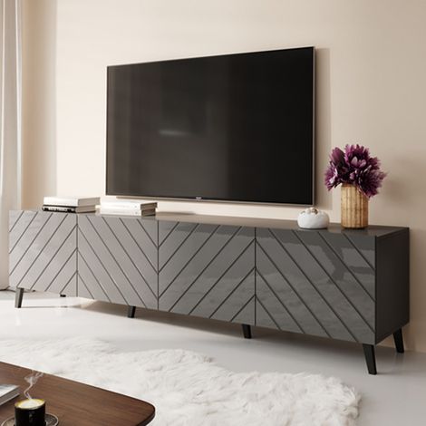 Meuble TV design gris graphite brillant 200 cm Yaka (1/4)