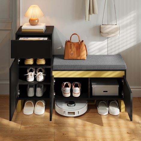 Zapatero 120x35x85 cm negro en MDF con banco acolchado, cajón y puertas (1/5)