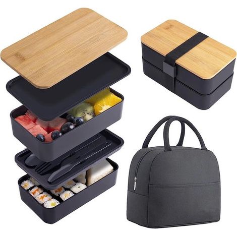 Portapranzo in bambù con scomparti e posate, impilabile, con borsa termica per la preparazione del cibo, nero (1/5)