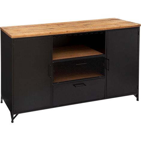 Atmosphera – Buffet 2 portes Cierna noir 140x45x85cm – Structure en fer et plateau en sapin – 2 étagères intérieures et niches avec abattants (1/5)