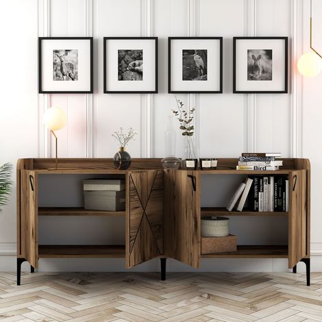 Credenza Elini, Madia 2 Ripiani, Apertura Battente, 4 Ante, 180x35x78h cm Marrone Noce (1/5)
