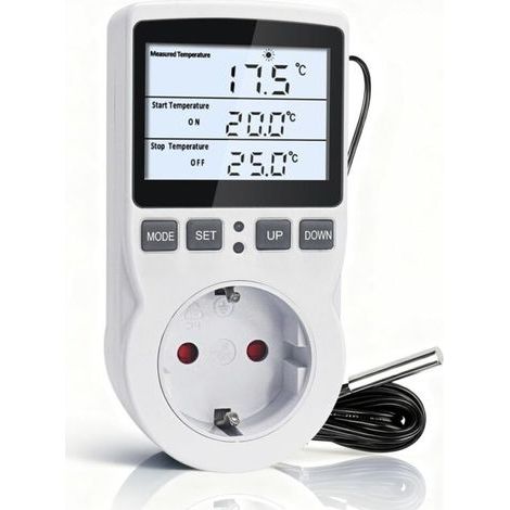 Prise Thermostat avec Sonde de 3 Mètres 220V, Régulateur de Température Prise Numérique avec Rétroéclairage LCD, Contrôleur de Température pour Couveuse Frigo Serre (1/4)