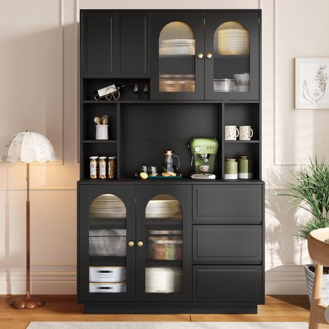 MEUBLIV Hochschrank Schwarz 106x30x175 cm mit Acryltüren und LED (1/5)