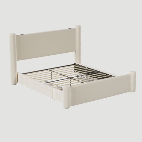 Estructura de cama doble beige de 160 x 200 cm con cabecero tapizado con diseño de columnas 3D, 2 cajones y puerto USB integrado, que aporta comodidad y estilo a tu dormitorio (sin colchón). (1/5)