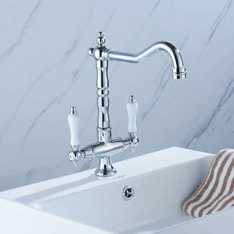 Robinet Rétro en Laiton Céramique Robinet de Salle de Bain à Deux Poignées Robinet d'Evier Mélangeur Robinet de Lavabo (1/4)