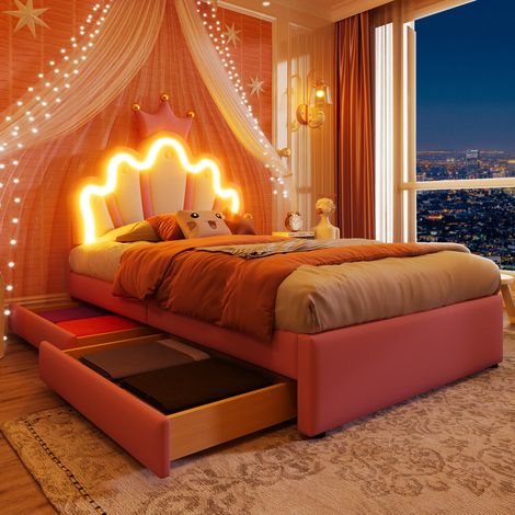 Lit capitonné 90 x 200 cm, éclairage d'ambiance télécommandé, lit avec 2 tiroirs, tête de lit réglable, PU, sans matelas, rosa (1/5)