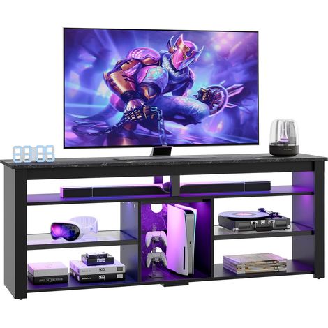 Meuble TV pour téléviseur 70 Pouces, Centre multimédia Haut avec 2 éclairages LED, Console de Jeux avec Rangement pour PS5, Meuble TV Moderne pour Chambre ou Salon, marbre Noir (1/5)