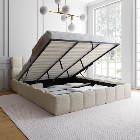 Cama arcón doble NUAGE con cabecero acolchado y somier rizado blanco de 180 x 200 cm (1/5)