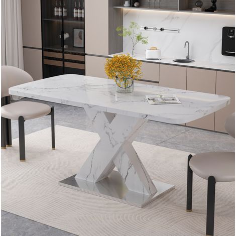 Table à manger rectangulaire extensible 120-160 cm, plateau effet marbre blanc, MDF et acier, blanc (1/5)