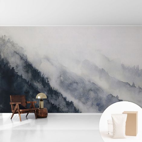 Papier peint intissé pour salon chambre à coucher peint imprimé Installation facile - Colle incluse gratuite Brume de montagne 416x254 cm (1/5)