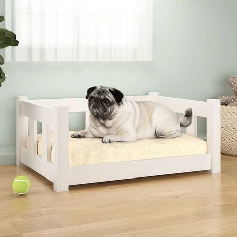 Panier pour chien blanc, dimensions 65,5 x 50,5 x 28 cm, en bois de pin massif.