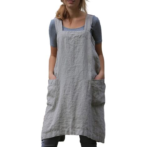 Abito grembiule quadrato da donna, ideale per cucinare, preparare dolci e fare giardinaggio. Schiena incrociata, misto cotone/lino, 2 tasche.