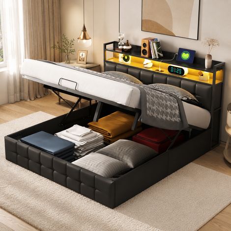 Lit coffre 140x190cm,lit double capitonné,rangement hydraulique,lit adulte, tête de lit rangement avec USB et LED, sommier à lattes,PU,Noir (1/5)