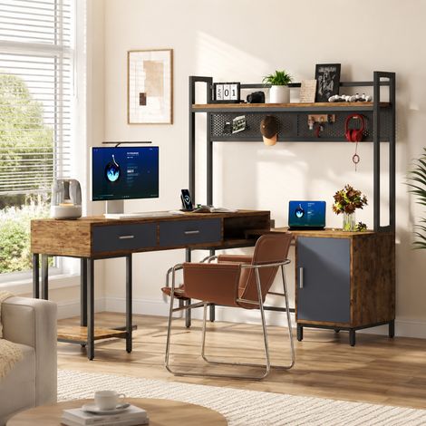 Bureau d'angle industriel - Bureau en L 140x140 cm - Style industriel noir et bois naturel - Structure MDF et métal (1/5)