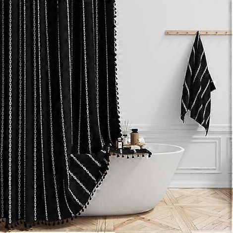 Filiyano-Rideau de douche vintage, lin rustique à rayures tissées, rideau de douche ultra résistant avec ourlets, imperméable, style bohème vintage (1/5)