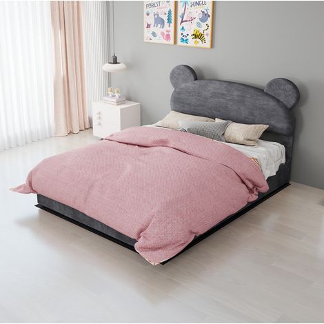Lit rembourré moderne 140x200 cm gris, tête de lit forme cartoon, coffre de rangement relevable à vérin (1/5)