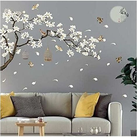 Stickers Muraux fleur cerisier et oiseau sur la branche stickers chambre adulte fleurs de cerisier style vintage DIY SIZE 187 x 128 cm stickers tete de lit ado Vinyle Mural Art Stickers (1/5)