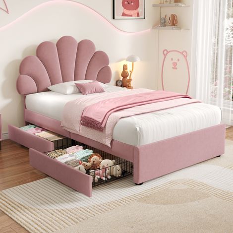 3ft Single Upholstered Bed with Adjustable Chic Petal Headboard, Soft Velvet Bed Frame with 2 Storage Drawers, Petal Bed with Solid Wood Slat, No Box Spring Needed, Easy Assembly, Pink (No Mattress)