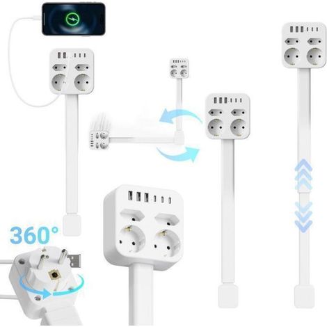Multiprise d'extension - multiprise avec 4 prises, 3 ports USB-A et 3 ports USB-C - cordon rétractable de 45 à 65 cm - blanche (1/5)