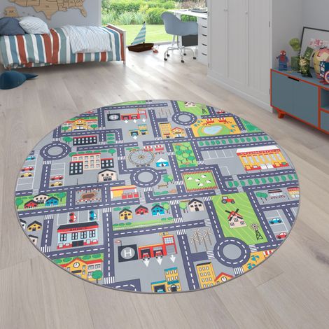 Paco Home Teppich Kinderzimmer Grau Kinderteppich Spielteppich Straßenteppich Mädchen Jungs 200 cm Rund, Grau 3