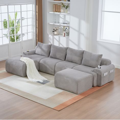 Sofá modular 333/174/80 cm en cordón gris claro con portavasos y bolsillo lateral (1/5)