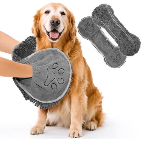 Serviette pour chien en microfibre premium – Séchage rapide et ultra-absorbante – Avec poches pour les mains – Pour chiens de toutes tailles – 65 x 25 cm – Grise