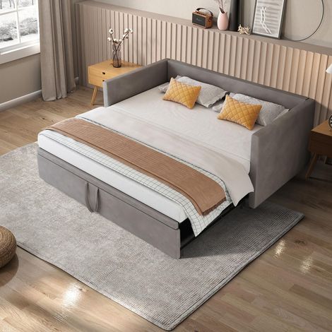 Ausziehbett – Schlafsofa 90/180 x 200 cm, Einzel-/Doppelbett mit Lattenrost, Tagesbett, Soft-Touch-Tagesbett, grau, 90/180 x 200 cm, Samtbezug
