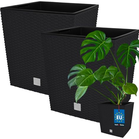 KOTARBAU® Kotarbau® Pot de Fleur Exterieur 40 x 40 cm - avec Insert Intérieur Lot de 2 - Pot Plastique Plante 64 L - Pot de Fleur Carré - Aspect Rotin - Anthracite (1/5)