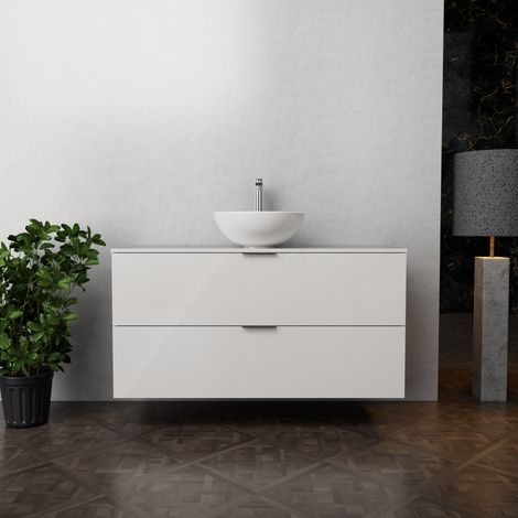 Inda - Badezimmerschrank B.120 mit Aufsatzwaschbecken / Weiß glänzend 2 Schubladen - Topazio