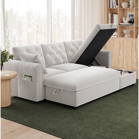 Canapé d'angle 4 places, convertible avec rangement, en velours, beige (1/5)