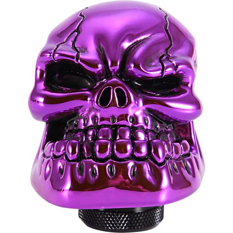 Pommeau de levier de vitesse auto tuning tête de mort violet universel résine coulée à froid 70x53x80mm diam15mm kit 3 tuyaux 8-12mm 3 vis clé (1/5)