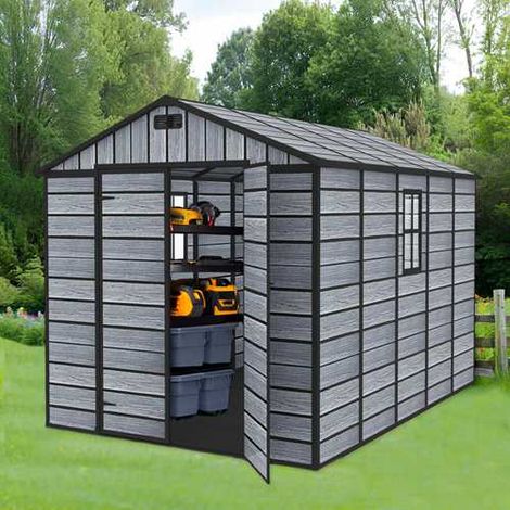 8X10FT Plastic Garden Shed Apex with Floor Window Lockable Door Wood Grain Grey (1/5)