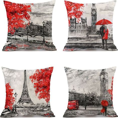 LTS FAFA Juego de 4 fundas de cojín, fundas de almohada de poliéster y lino para sofá, coche y decoración del hogar, 45 x 45 cm (pareja roja) (1/5)