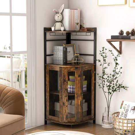 Corner Bar Cabinet, 2 Mesh Doors Wine Cabinet with Glass Holders, Adjustable Shelf & Anti-Tipping Devices, Industrial Liquor Drinks Storage Sideboard for Home Bar Kitchen Cellar