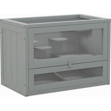 Cage pour hamsters, souris et petits rongeurs avec de multiples aménagements : rampe, plateformes et toit grillagé articulé. 60 x 35 x 42 cm, grise. (1/5)