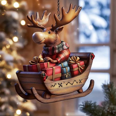 Ornement De Noël Renne Sur Traîneau - Décoration Festive Pour Arbre À Noël, Cheminée Ou Table - Résine Sculptée - 1 Pièce (1/5)