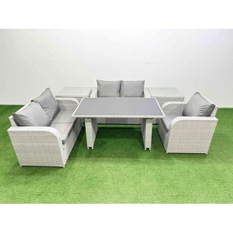 Fimous Rattan Sofa Outdoor Furniture with Dining Table,2 Side Tables,Love Sofa Patio Furniture Light Grey 5 Seater (1/3)