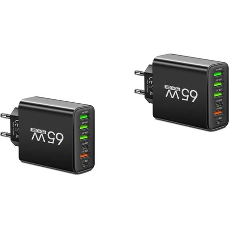 Paquete de 2 cargadores de 65 W con 5 puertos USB y tecnología QC 3.0, ideales para el hogar, la oficina y los viajes.