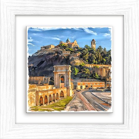 Lupia - Quadro moderno con paesaggi e localismi italiani, Ceramica e Stampa Rilievo, Cornice Legno Shabby Modern bianca, Decorazione Parete, Quadretti Soggiorno, 29x29 cm, ANCONA PANORAMA GIORNO (1/4)