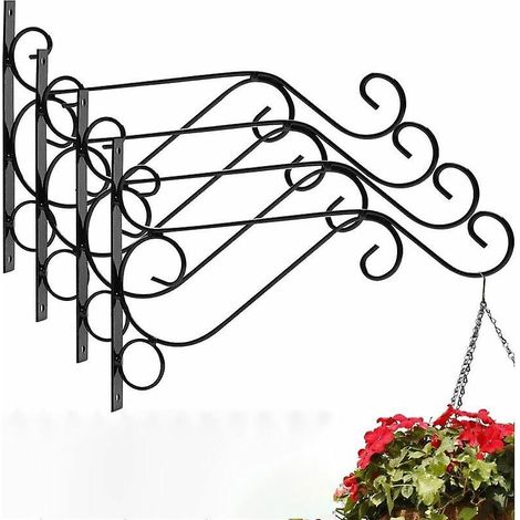 Filiyano-[LCS] Lot de 4 crochets suspendus en fer forgé avec vis - Crochet mural rétro 30,5 x 20,5 cm pour jardin, balcon, lanterne, plantes - noir (1/4)