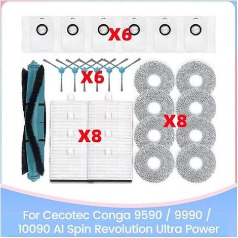 Lot de 29 pièces pour aspirateur Cecotec Conga 9590/9990/10090 AI Spin Revolution Ultra Power : brosse, filtre HEPA, chiffon et sac à poussière. (1/5)