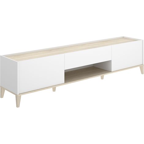 Meuble TV bas avec 2 portes abattante, 1 tiroirs et 1 niche centrale, coloris naturel/blanc - Hauteur 50,1 x Longueur 196,5 x Profondeur 39,2 cm (1/5)