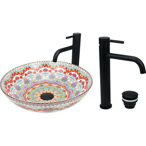 GTM Design Aufsatzwaschbecken 40 cm Glanz Set mit Waschtischbatterie und Stopfen - Aufsatzwaschbecken Oval für Badezimmer - Modernes Waschbecken ohne Hahnloch - Waschbecken mit Armature (1/5)